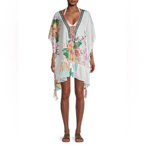NWT Z & L Made With Love Boho Floral Pom-Pom Caftan Peony Beach Coverup - Picture 1 of 13